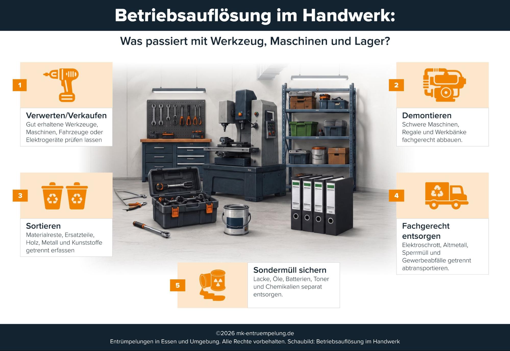Infografik zur Betriebsauflösung im Handwerk mit Werkzeug, Maschinen, Lager, Verwertung und Entsorgung
