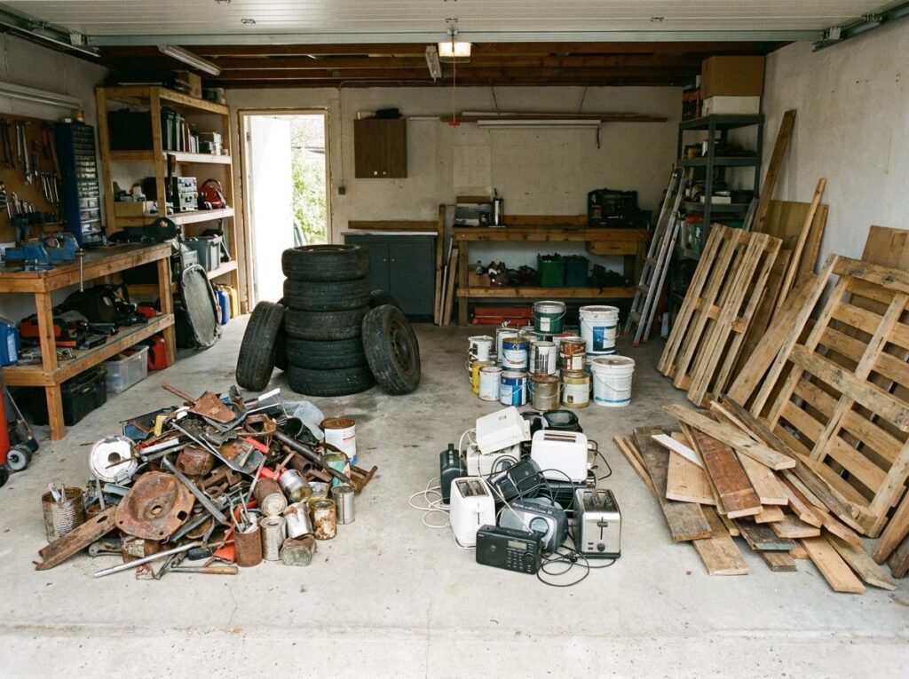 Sortierte Fraktionen in einer Garage, Altmetall, Reifen und Farbeimer getrennt gestapelt