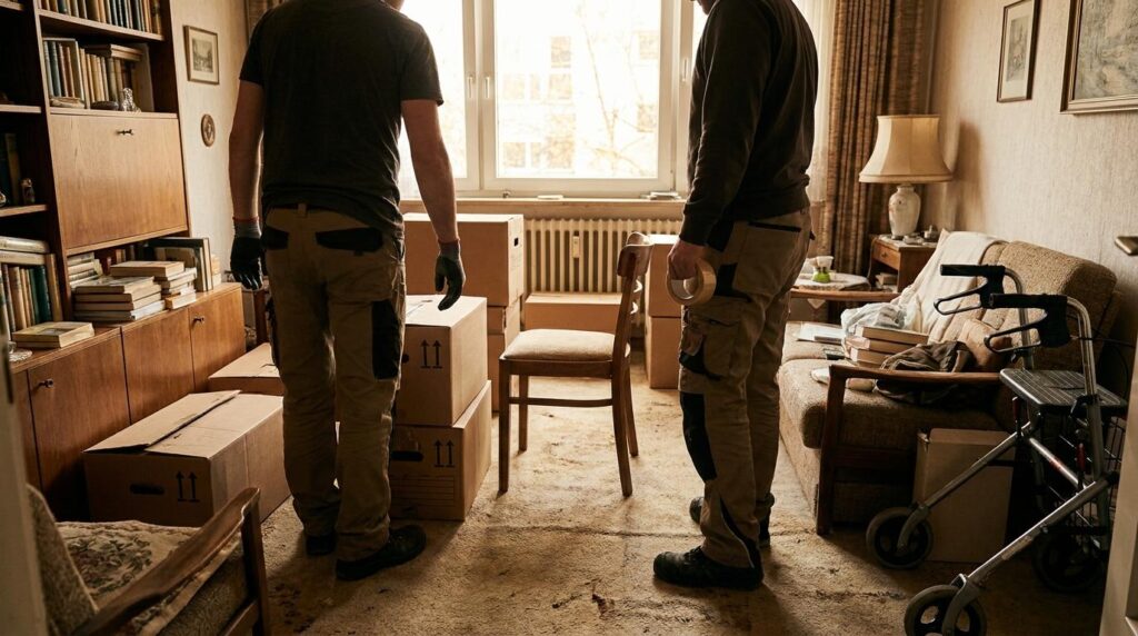 Helfer räumt in einer vollgestellten Seniorenwohnung Kartons weg, um Laufwege für die Pflege frei zu machen