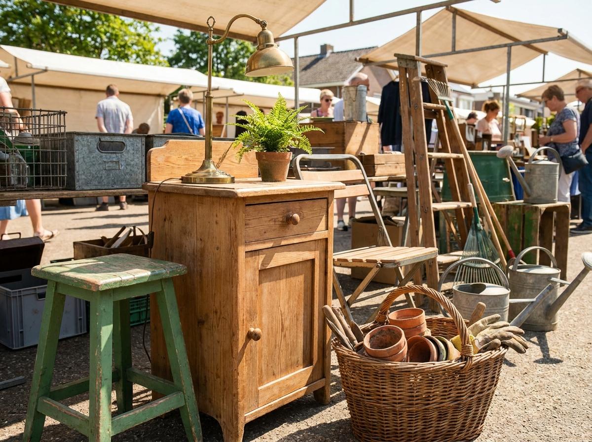 Flohmarktstand mit altem Holzschrank, Messinglampe und Gartengeräten als mögliche Verkaufsware
