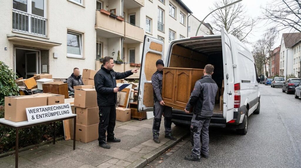 Mitarbeiter dokumentiert Wertanrechnung, während Möbel in einen Transporter geladen werden