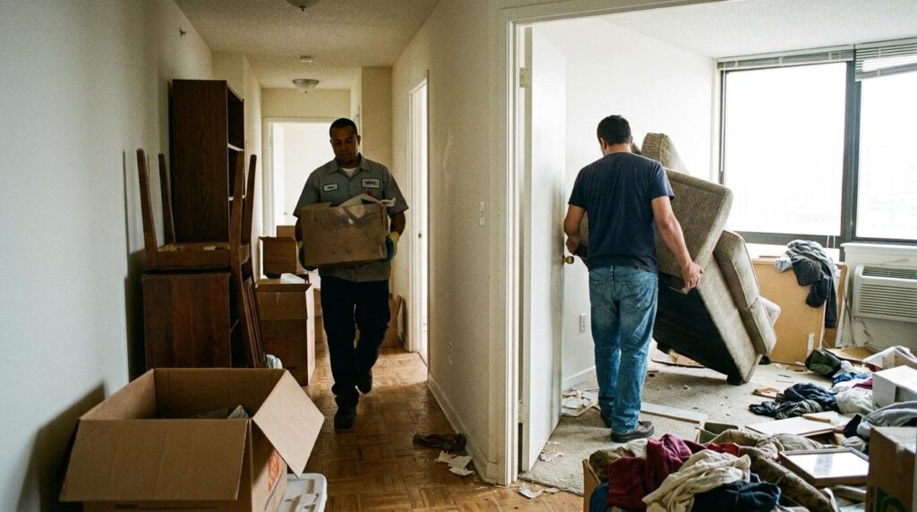 Zwei Mitarbeiter einer Entrümpelungsfirma tragen Möbel aus einer leergeräumten Wohnung