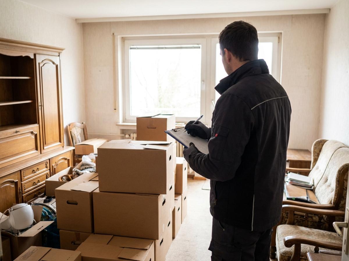 Mitarbeiter notiert bei einer Entrümpelungsbesichtigung Kartons und Möbel für den Kostenvoranschlag
