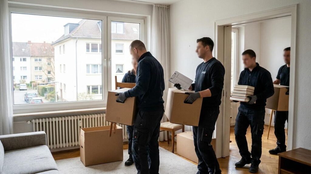 Räumungsteam trägt Kartons und Möbel aus einer leergeräumten Wohnung