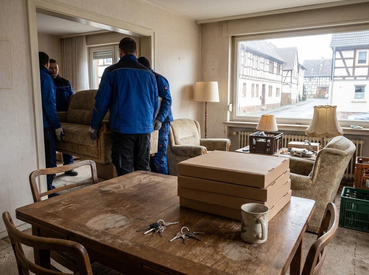 Mitarbeiter verladen Möbel und Kartons aus einer Haushaltsauflösung in einen Transporter