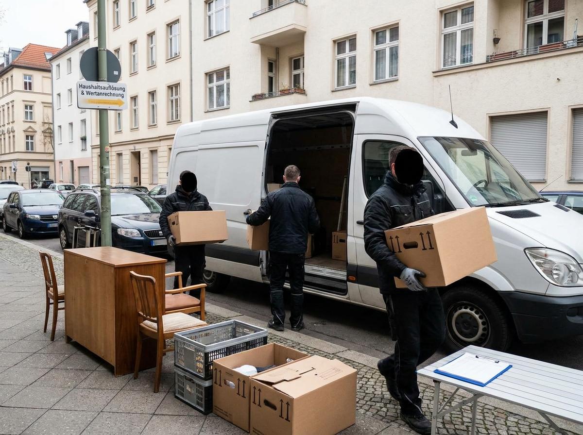 Arbeiter laden Kartons und Möbel bei einer Haushaltsauflösung in einen weißen Transporter