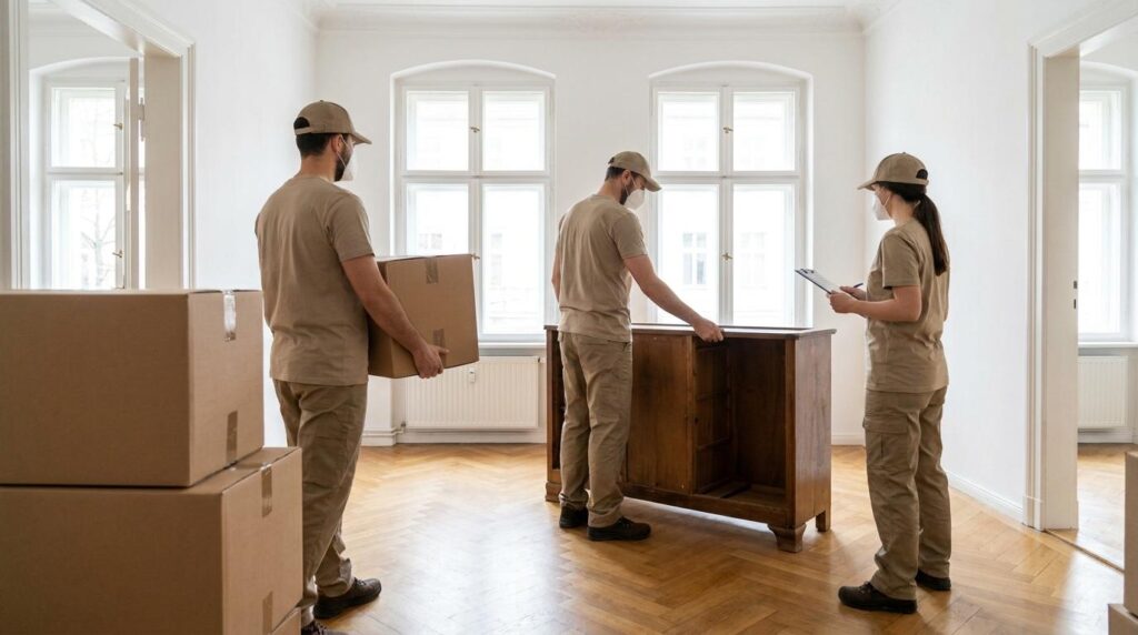 Entrümpelungsteam räumt Kartons und Möbel aus einer Wohnung